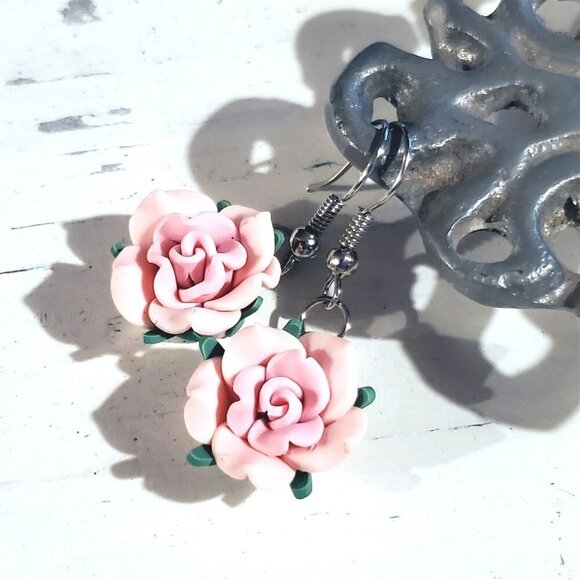 Pink Rose Flower Handcrafted Fimo Polymer Clay Bead Dangle Earrings - Picture 2 of 5